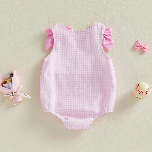 Newborn Baby Girl Baseball Outfit Bow Baseball Bubble Romper Sleeveless Overalls Plaid Bodysuit Infant Summer Clothes in Saudi Arabia