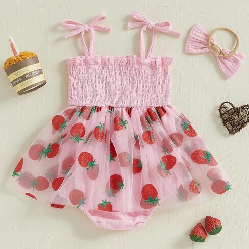 PUHHAPIEY Newborn Baby Girl Strawberry Onesie Crochet Bubble Romper | 0 3 6 12 18 Month Girl, Strawberry Crochet Baby Clothes, Fly Sleeve Smocked Bubble Romper, Summer Linen Onesie, Soft and Cute in Saudi Arabia
