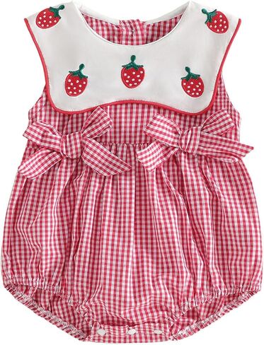 PUHHAPIEY Newborn Baby Girl Strawberry Onesie Crochet Bubble Romper | 0 3 6 12 18 Month Girl, Strawberry Crochet Baby Clothes, Fly Sleeve Smocked Bubble Romper, Summer Linen Onesie, Soft and Cute in Saudi Arabia