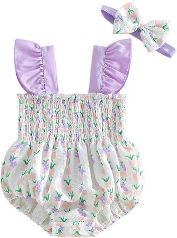 PUHHAPIEY Newborn Baby Girl Strawberry Onesie Crochet Bubble Romper | 0 3 6 12 18 Month Girl, Strawberry Crochet Baby Clothes, Fly Sleeve Smocked Bubble Romper, Summer Linen Onesie, Soft and Cute in Saudi Arabia