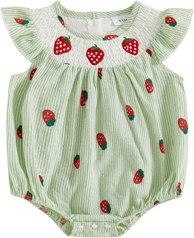 PUHHAPIEY Newborn Baby Girl Strawberry Onesie Crochet Bubble Romper | 0 3 6 12 18 Month Girl, Strawberry Crochet Baby Clothes, Fly Sleeve Smocked Bubble Romper, Summer Linen Onesie, Soft and Cute in Saudi Arabia