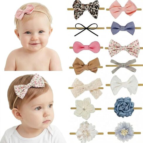 Baby Girl Headbands Nylon Flower Elastic Hairbands 14pcs Hair Accessories Gift for Newborn Infant Toddlers (White) in Kuwait