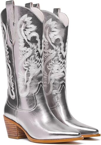Metallic Cowboy Boots for Women Sparkly Embroidery Wide Calf Cowgirl Boots Mide Calf Western Fashion Chunky Heel Pull on Pointy Toe Shiny Classic Party Retro Boots in Kuwait
