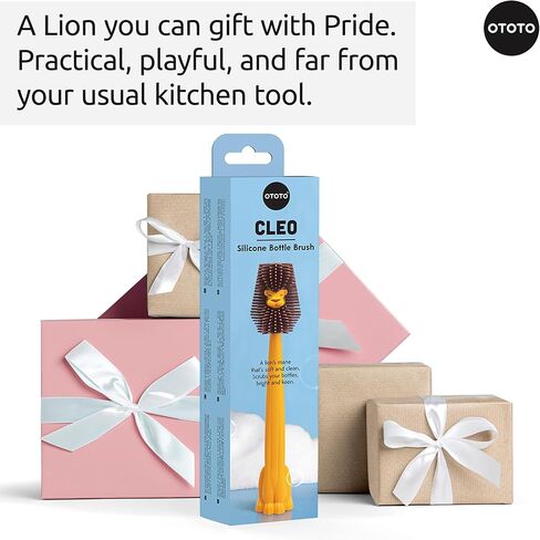 فرشاة OTOTO Cleo Lion - فرشاة زجاجات السيليكون، تصميم لطيف على شكل أسد، مثالية لزجاجات الأطفال، منظف زجاجات المياه، هدية مضحكة وفريدة من نوعها للفيل الأبيض in Kuwait