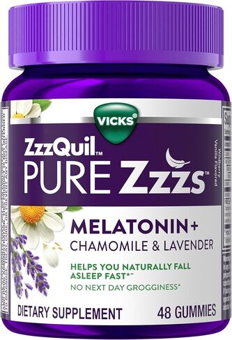 ZzzQuil PURE Zzzs, Melatonin Sleep Aid Gummies with Lavender, Valerian Root and Chamomile, Natural Wildberry Vanilla Flavor, Non-Habit Forming, Drug-Free, 24 Gummies in Kuwait