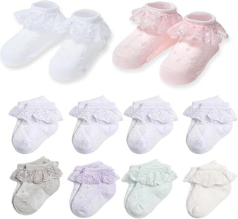Baby Girl Lace Socks, Soft Cotton Ruffle Dress Socks for Newborns 0-3/3-6/6-12/12-24 Months, Ankle High in Kuwait