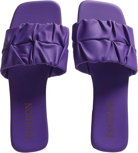 Women's Pleated Square Toe Slide Sandals, Trendy Flat Sandals with Open Toe, Lightweight Summer Shoes for Wedding, Beach & Daily Wear in Kuwait