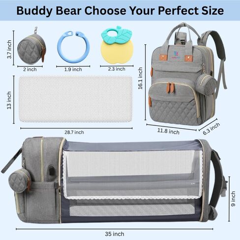 حقيبة حفاضات أطفال كبيرة من Buddy Bear مع محطة تغيير، حقيبة ظهر مقاومة للماء مع منفذ شحن USB وجيوب للأم والأب، حقيبة ظهر أساسية كهدية أساسية للاستحمام للأولاد والبنات (رمادي) in Kuwait