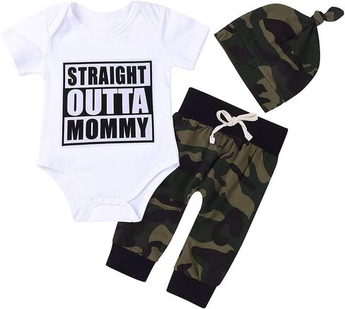 Cute 3pcs Newborn Baby Boys Letter Print Romper+Camouflage Pants+Hat Outfits Set in Kuwait