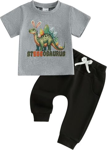 Newborn Baby Boy Easter Outfit 2 PCS Short Sleeve Dinosaur Egg T Shirts and Pants Set Toddler Easter Clothes in Kuwait