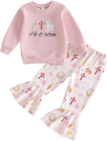 Easter Outfit For Toddler Girls Boys Bunny Cross Crewneck Sweatshirt Bell-Bottom Pants Sets Jesus Loves Me Clothes in Kuwait