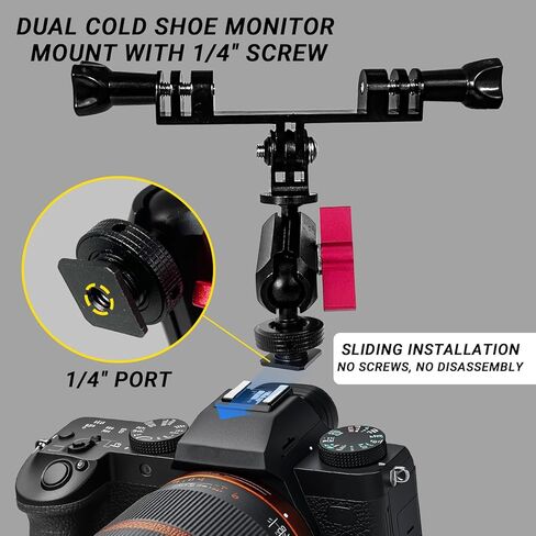 Dual Cold Shoe Monitor Mount with 1/4" Screw, Rotatable Dual Ballhead Arm for LED Monitor Microphone, Compatible with DJI Osmo Action 6/5 Pro/4/3, Osmo 360, Insta 360 X5/X4, GoPro Hero 13/12,Pocket 3 in Kuwait