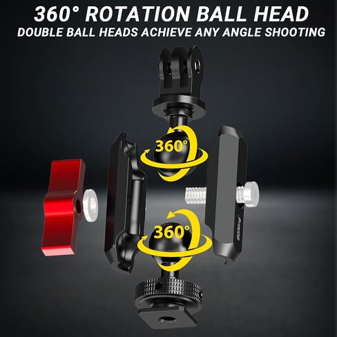 Dual Cold Shoe Monitor Mount with 1/4" Screw, Rotatable Dual Ballhead Arm for LED Monitor Microphone, Compatible with DJI Osmo Action 6/5 Pro/4/3, Osmo 360, Insta 360 X5/X4, GoPro Hero 13/12,Pocket 3 in Kuwait