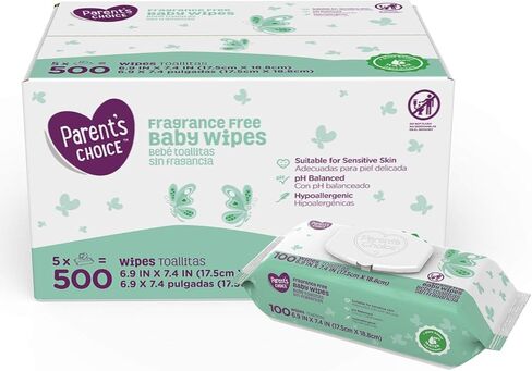 Parent's Choice Fragrance Free Baby Wipes, 500 Count (5 Packs of 100) (4 Case) in Kuwait