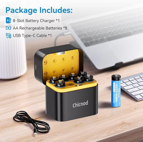 بطاريات ليثيوم AA قابلة لإعادة الشحن مع شاحن USB-C سريع، 8 عبوات 4255 مللي واط في الساعة 1.5 فولت جهد ثابت للكاميرا الخارجية الطرفية، وحدة تحكم Xbox، المصابيح الكاشفة - 2000+ دورات (4AA و4AAA) in Saudi Arabia