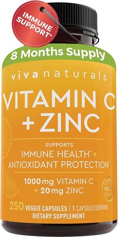 Vitamin C with Zinc (250 Veggie Capsules) - Vitamin C 1000mg and Zinc 20mg with Citrus Bioflavonoids and Rose Hips, Immune Support Supplement and Powerful Antioxidant in Saudi Arabia