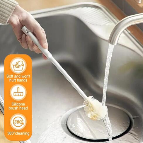 360° Flexible Silicone Bottle Brush, 11.4 Inch Long Handle, Baby Bottle and Narrow Neck Cleaner, Soft Bristles for Water Bottles, Travel Mugs, and Sippy Cups in Kuwait