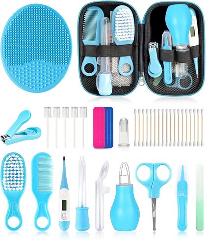 Baby Grooming and Healthcare Kit, Portable Baby Safety Care Set with Hair Brush Comb Nail Clipper Nasal Aspirator for Nursery Newborn Infant Girl Boy (25 in 1 Blue) in Saudi Arabia