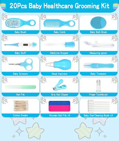 Baby Grooming and Healthcare Kit, Portable Baby Safety Care Set with Hair Brush Comb Nail Clipper Nasal Aspirator for Nursery Newborn Infant Girl Boy (25 in 1 Blue) in Saudi Arabia