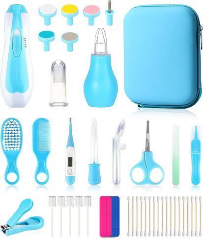 Baby Grooming and Healthcare Kit, Portable Baby Safety Care Set with Hair Brush Comb Nail Clipper Nasal Aspirator for Nursery Newborn Infant Girl Boy (25 in 1 Blue) in Saudi Arabia