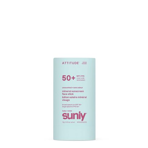 ATTITUDE Baby Mineral Sunscreen Face Stick SPF 50، أكسيد الزنك واسع الطيف، معتمد من EWG، غير نانو، لطيف خفيف الوزن وغير دهني، نباتي in Kuwait