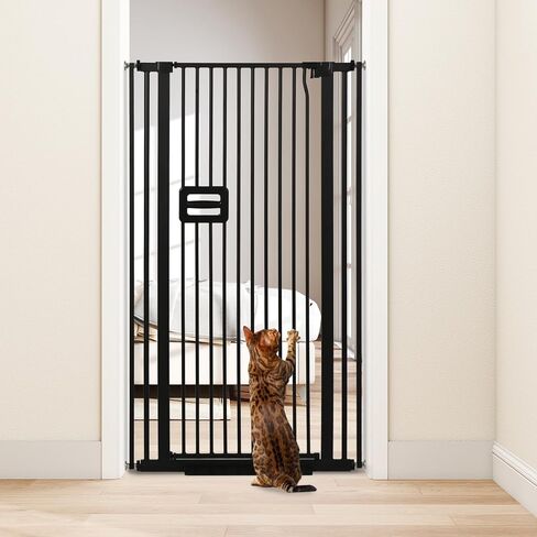 SMONTER 55" High Extra Tall Baby Gate, Safety Cat Gate for Doorways, Expands to 30.1"-34.1" Wide, Auto Close Dog Gate, No Drilling Pressure Mounted Cat Fence, Pet Gate Indoor for Stairs, Black in Kuwait