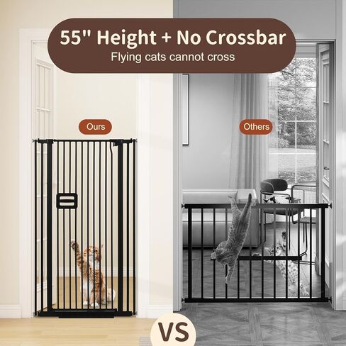 SMONTER 55" High Extra Tall Baby Gate, Safety Cat Gate for Doorways, Expands to 30.1"-34.1" Wide, Auto Close Dog Gate, No Drilling Pressure Mounted Cat Fence, Pet Gate Indoor for Stairs, Black in Kuwait