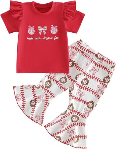 KMBANGI Toddler Baby Girl Baseball Outfits Short Flutter Sleeves T-Shirt Pullover Tops Stripes Bows Flared Pants 2Pcs Clothes in Saudi Arabia