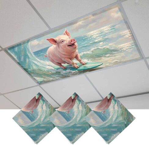 Surfing Pig Magnetic Fluorescent Light Covers for Ceiling Lights 2x4 Ft, Oil Painting Funny Animal Beach Summer Office Classroom Kitchen Drop Ceiling Light Covers Lighting Filters Shade Panel 3 Packs in Kuwait