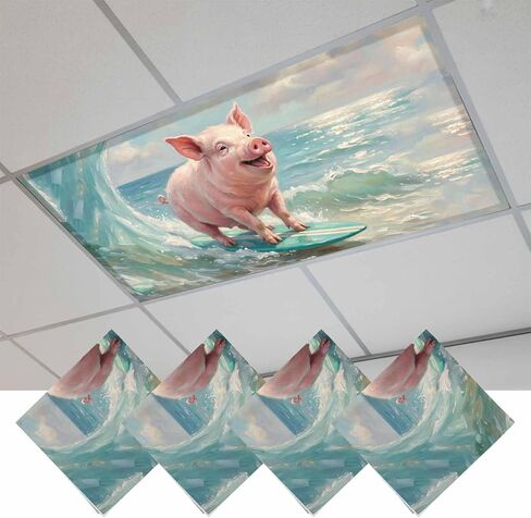 Surfing Pig Magnetic Fluorescent Light Covers for Ceiling Lights 2x4 Ft, Oil Painting Funny Animal Beach Summer Office Classroom Kitchen Drop Ceiling Light Covers Lighting Filters Shade Panel 3 Packs in Kuwait