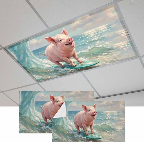 Surfing Pig Magnetic Fluorescent Light Covers for Ceiling Lights 2x4 Ft, Oil Painting Funny Animal Beach Summer Office Classroom Kitchen Drop Ceiling Light Covers Lighting Filters Shade Panel 3 Packs in Kuwait