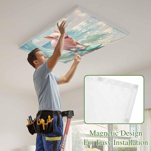 Surfing Pig Magnetic Fluorescent Light Covers for Ceiling Lights 2x4 Ft, Oil Painting Funny Animal Beach Summer Office Classroom Kitchen Drop Ceiling Light Covers Lighting Filters Shade Panel 3 Packs in Kuwait