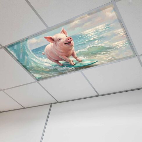 Surfing Pig Magnetic Fluorescent Light Covers for Ceiling Lights 2x4 Ft, Oil Painting Funny Animal Beach Summer Office Classroom Kitchen Drop Ceiling Light Covers Lighting Filters Shade Panel 3 Packs in Kuwait