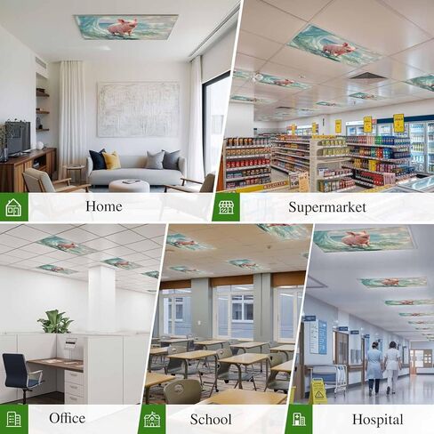 Surfing Pig Magnetic Fluorescent Light Covers for Ceiling Lights 2x4 Ft, Oil Painting Funny Animal Beach Summer Office Classroom Kitchen Drop Ceiling Light Covers Lighting Filters Shade Panel 3 Packs in Kuwait
