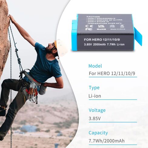 بطارية Hero 12/11/10/9 مكونة من قطعتين بقدرة 2000 مللي أمبير في الساعة مع مجموعة شاحن سريع للتخزين USB ثنائي القناة متوافقة تمامًا مع Hero 12، Hero 11، Hero 10، Hero 9 سلسلة ملحقات الكاميرا الرسمية السوداء 3.85 فولت 2000 مللي أمبير في الساعة in Kuwait