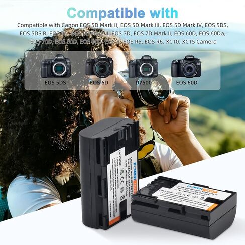 عبوتان من بطارية وشاحن LP-E6 LP-E6N متوافق مع كاميرات Canon 60D، 70D، 80D، 5DS R، 5D Mark II III IV، 6D، 7D، C700، XC15 in Kuwait