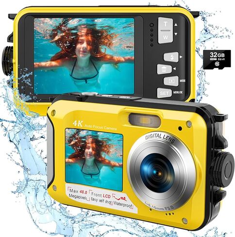 Waterproof Digital Camera 4K 11FT Underwater Camera Autofocus 56MP Selfie Dual Screens Kids Waterproof Camera 16X Digital Zoom Underwater Camera for Snorkeling with 32GB Card, Yellow in Kuwait