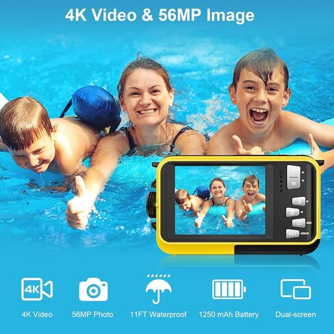 Waterproof Digital Camera 4K 11FT Underwater Camera Autofocus 56MP Selfie Dual Screens Kids Waterproof Camera 16X Digital Zoom Underwater Camera for Snorkeling with 32GB Card, Yellow in Kuwait