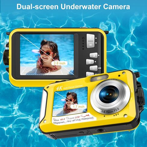 Waterproof Digital Camera 4K 11FT Underwater Camera Autofocus 56MP Selfie Dual Screens Kids Waterproof Camera 16X Digital Zoom Underwater Camera for Snorkeling with 32GB Card, Yellow in Kuwait