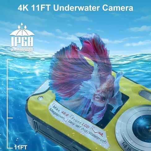 Waterproof Digital Camera 4K 11FT Underwater Camera Autofocus 56MP Selfie Dual Screens Kids Waterproof Camera 16X Digital Zoom Underwater Camera for Snorkeling with 32GB Card, Yellow in Kuwait