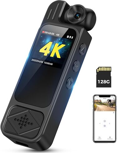 كاميرا الجسم بدقة 4K مع تسجيل الصوت والفيديو: كاميرا الجسم واي فاي بسعة 128 جيجابايت مع عدسة دوارة 180 درجة، كاميرا للجسم ببطارية 7 ساعات للرؤية الليلية، كاميرا فيديو للجيب يمكن ارتداؤها (128 جيجابايت) in Kuwait