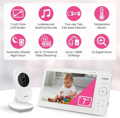 VTech 819 Max 7" Non-WiFi Video Baby Monitor – Large Color LCD Screen, Long Battery Life, Night Vision, Temperature Sensor, Lullabies – Secure & Hack-Proof in Kuwait