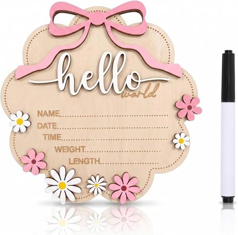 Baby Announcement Sign, ​Wooden Hello World Newborn Signs, Birth Announcement Sign, Gender Reveal Signs, Bow & Daisy Decoration, Welcome Newborn Arrival To World, for Girls Nursery Decor in Kuwait