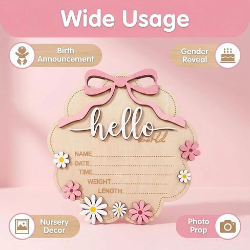 Baby Announcement Sign, ​Wooden Hello World Newborn Signs, Birth Announcement Sign, Gender Reveal Signs, Bow & Daisy Decoration, Welcome Newborn Arrival To World, for Girls Nursery Decor in Kuwait