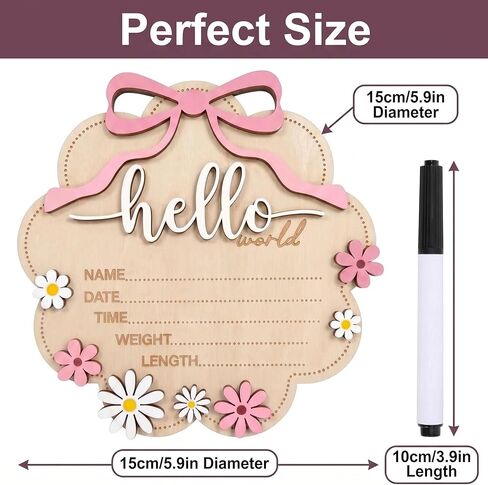 Baby Announcement Sign, ​Wooden Hello World Newborn Signs, Birth Announcement Sign, Gender Reveal Signs, Bow & Daisy Decoration, Welcome Newborn Arrival To World, for Girls Nursery Decor in Kuwait