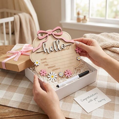 Baby Announcement Sign, ​Wooden Hello World Newborn Signs, Birth Announcement Sign, Gender Reveal Signs, Bow & Daisy Decoration, Welcome Newborn Arrival To World, for Girls Nursery Decor in Kuwait