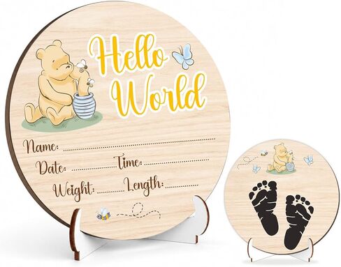 Winnie Baby Wooden Newborn Birth Sign, Winnie Hello World Newborn Signs, Babies Name Sign, The Pooh Baby Announcement Signs Photography Prop, Double Sided Hello World for New Mom Babies Party in Kuwait