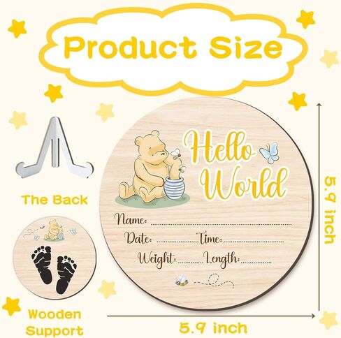 Winnie Baby Wooden Newborn Birth Sign, Winnie Hello World Newborn Signs, Babies Name Sign, The Pooh Baby Announcement Signs Photography Prop, Double Sided Hello World for New Mom Babies Party in Kuwait