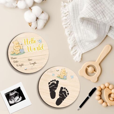 Winnie Baby Wooden Newborn Birth Sign, Winnie Hello World Newborn Signs, Babies Name Sign, The Pooh Baby Announcement Signs Photography Prop, Double Sided Hello World for New Mom Babies Party in Kuwait