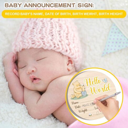 Winnie Baby Wooden Newborn Birth Sign, Winnie Hello World Newborn Signs, Babies Name Sign, The Pooh Baby Announcement Signs Photography Prop, Double Sided Hello World for New Mom Babies Party in Kuwait